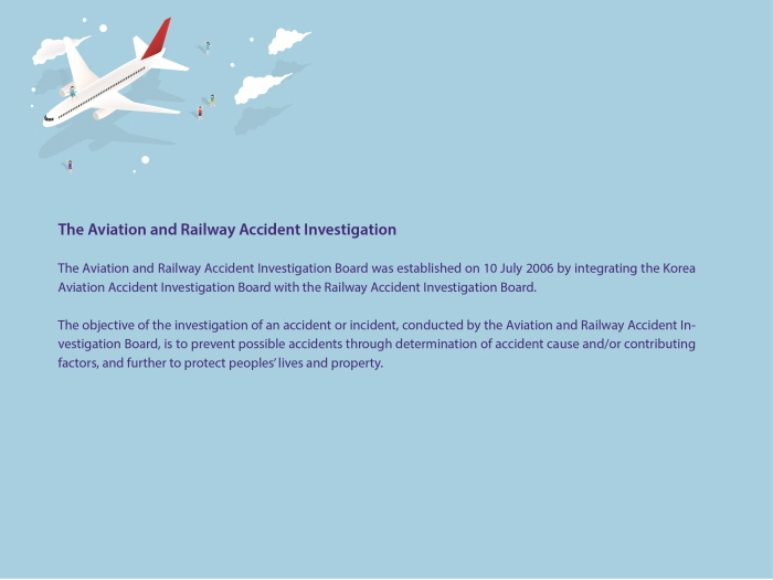 The Aviation and Railway Accident Investigation 

The Aviation and Railway Accident Investigation Board was established on 10 July 2006 by integrating the Korea Aviation Accident Investigation Board with the Railway Accident Investigation Board.

The objective of the investigation of an accident or incident, conducted by the Aviation and Railway Accident Investigation Board, is to prevent possible accidents through determination of accident cause and/or contributing factors, and further to protect peoples�� lives and property.